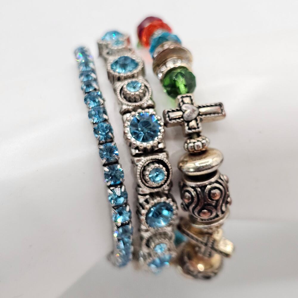 Set of 3 Stretch Bracelets Rhinestone Bead Cross Charm